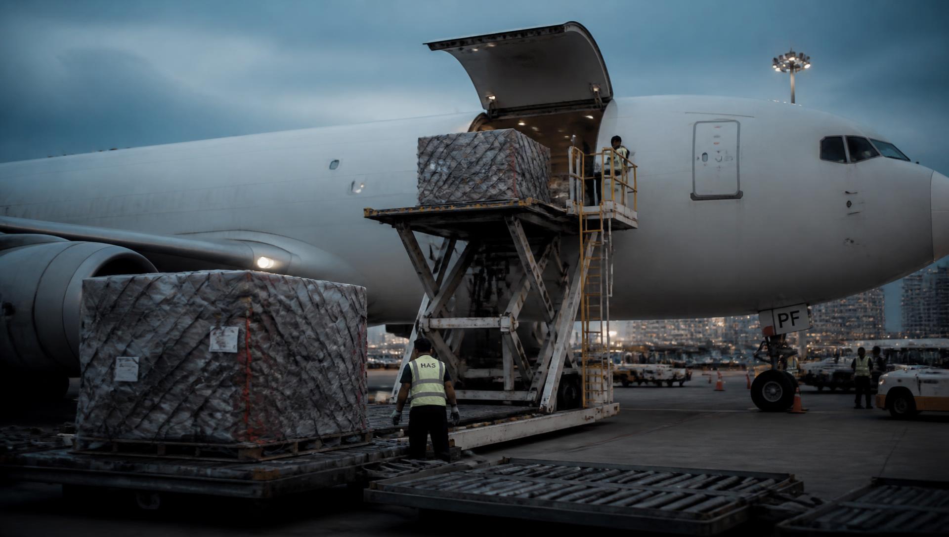 Ground crew loading pallets into a freighter aircraft at Hong Kong International Airport